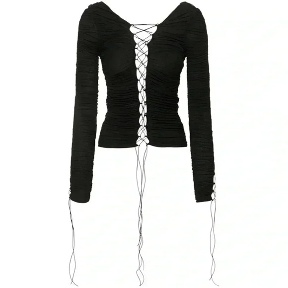 NWOT - INTERIOR NYC Kit Ruched Lace-Up Top Black Size Small - Picture 4 of 10